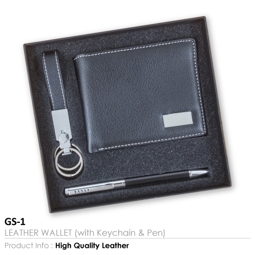 Gift Set Leather Wallet with Key Chain and Pen